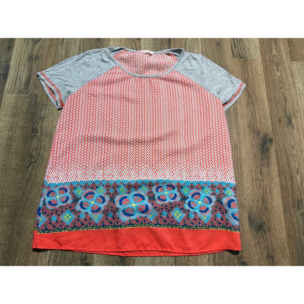 Les Amis Shirts Women Size Medium Orange Gray Floral Short Sleeve Raglan Top